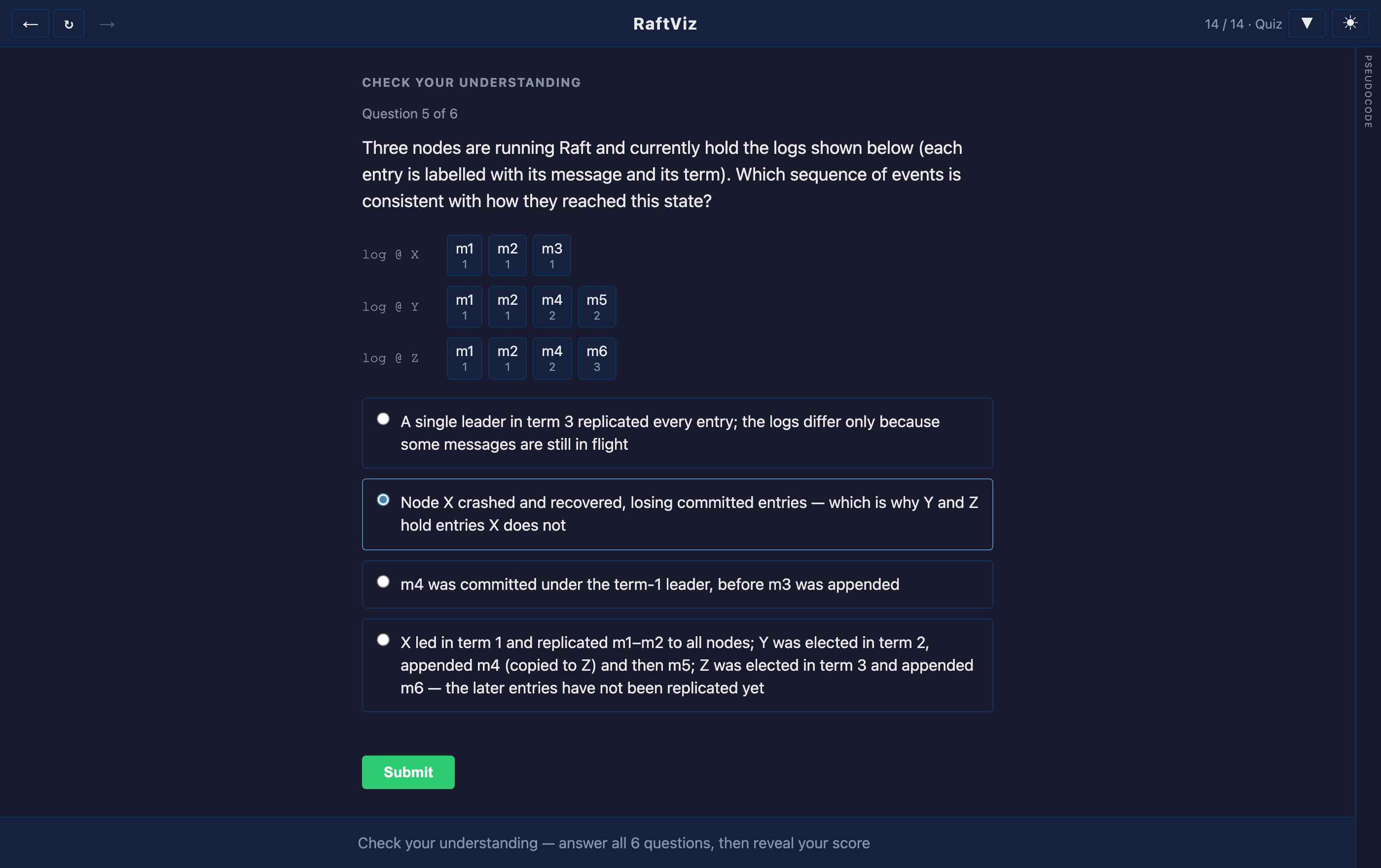 A quiz question showing three divergent node logs and four candidate explanations