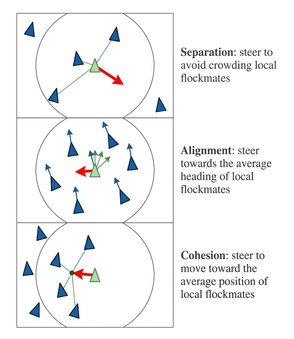 Demonstration of the three flocking rules: Separation, Alignment, and Cohesion